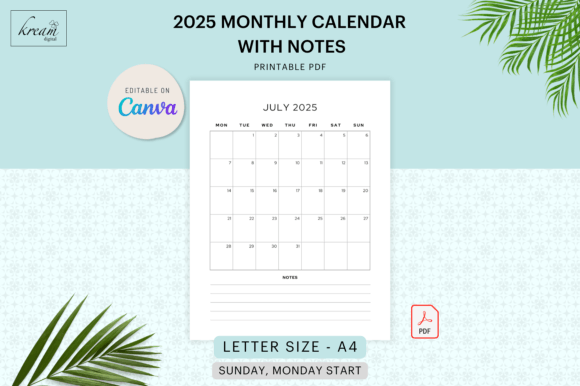 Canva 2025 Monthly Calendar with Notes